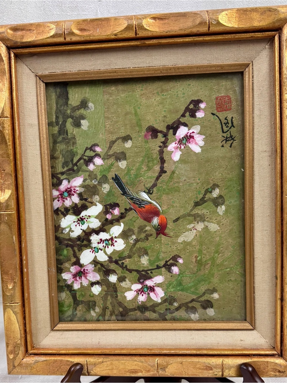 VTG Chinoiserie Signed Watercolor Painting on Cork Paper Springtime Bird Branch